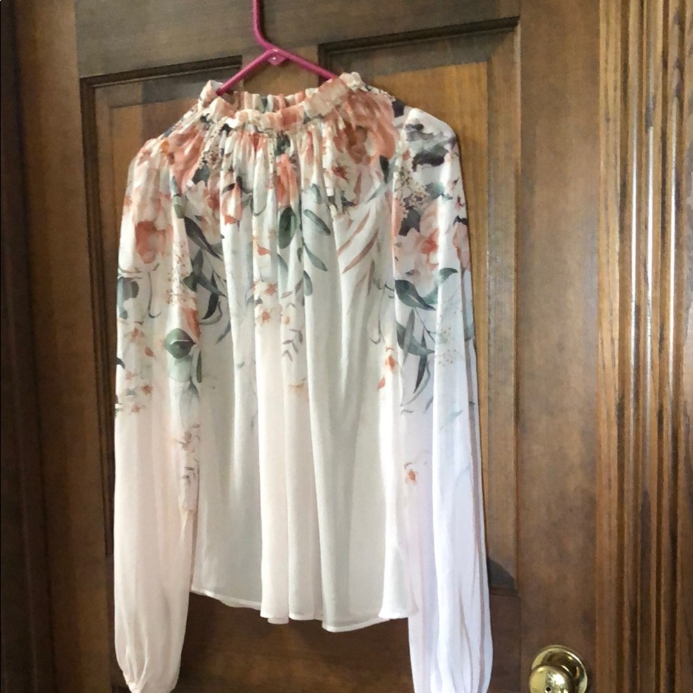 Rachel Zoe Cream Floral Blouse with Peach and Green Accents